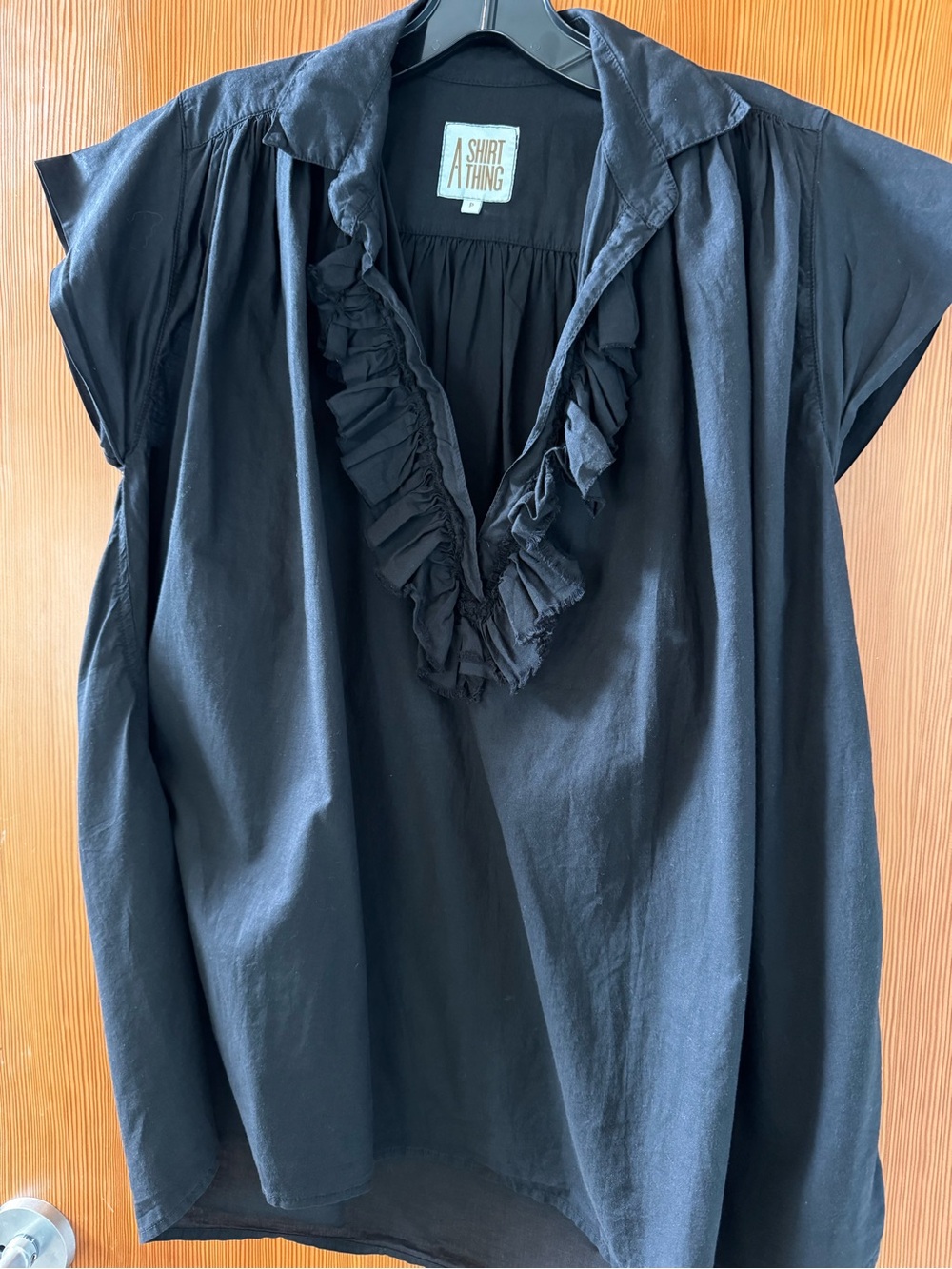 A Shirt Thing Women's Black Ruffle V-Neck Blouse